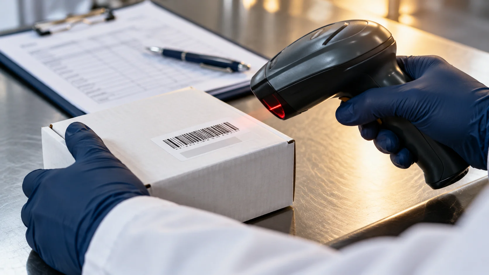 Barcode scanner reading the label of a sealed research sample carton
