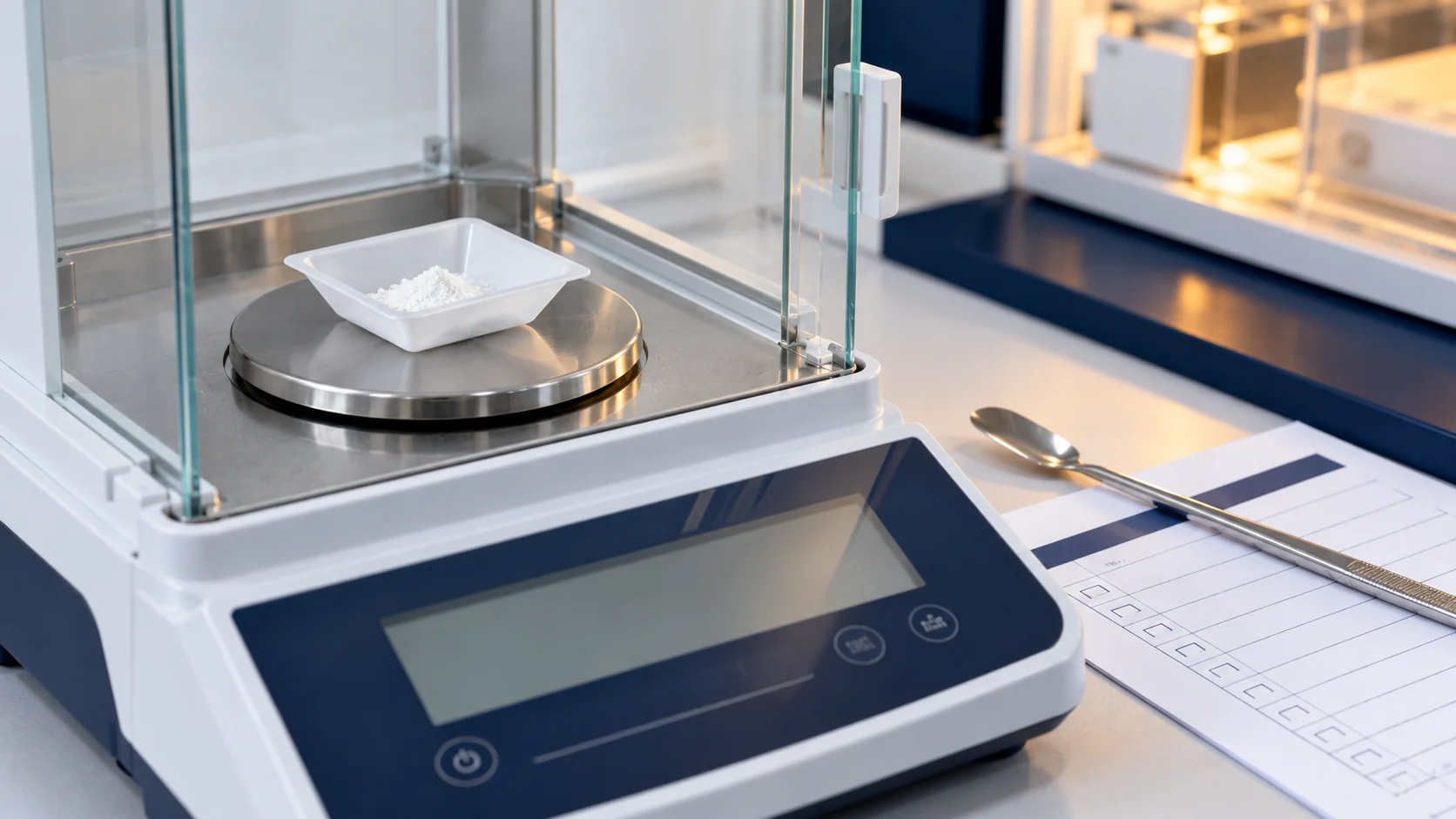 Analytical balance and weighing boat beside a specification checklist