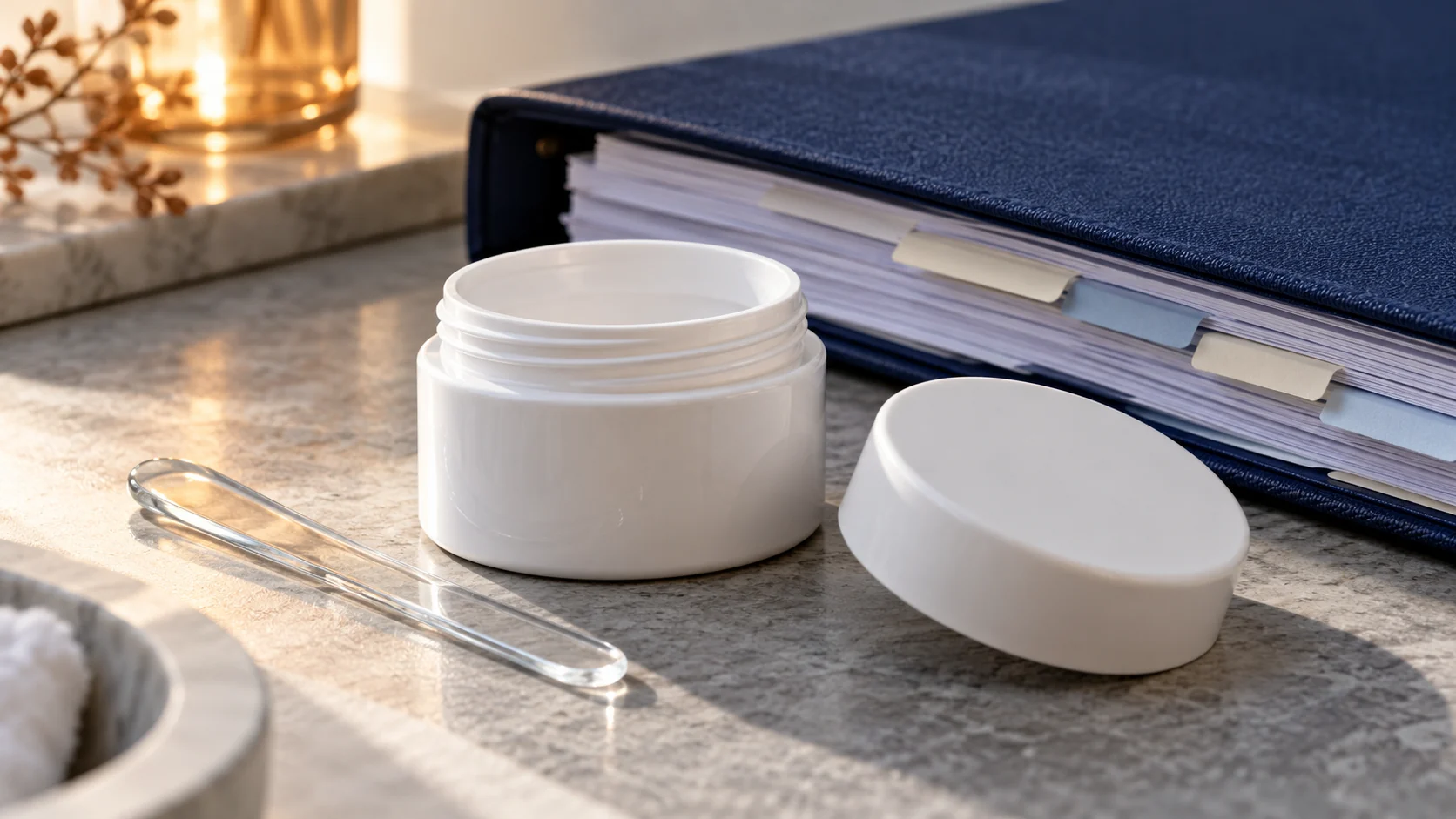 Empty cosmetic jar and glass spatula beside a regulatory review folder