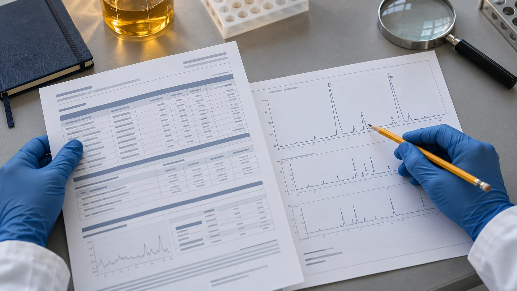 Gloved hands reviewing an analytical report and chromatogram