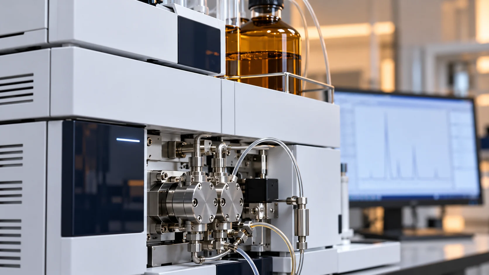 HPLC instrument with stainless fittings and solvent tubing