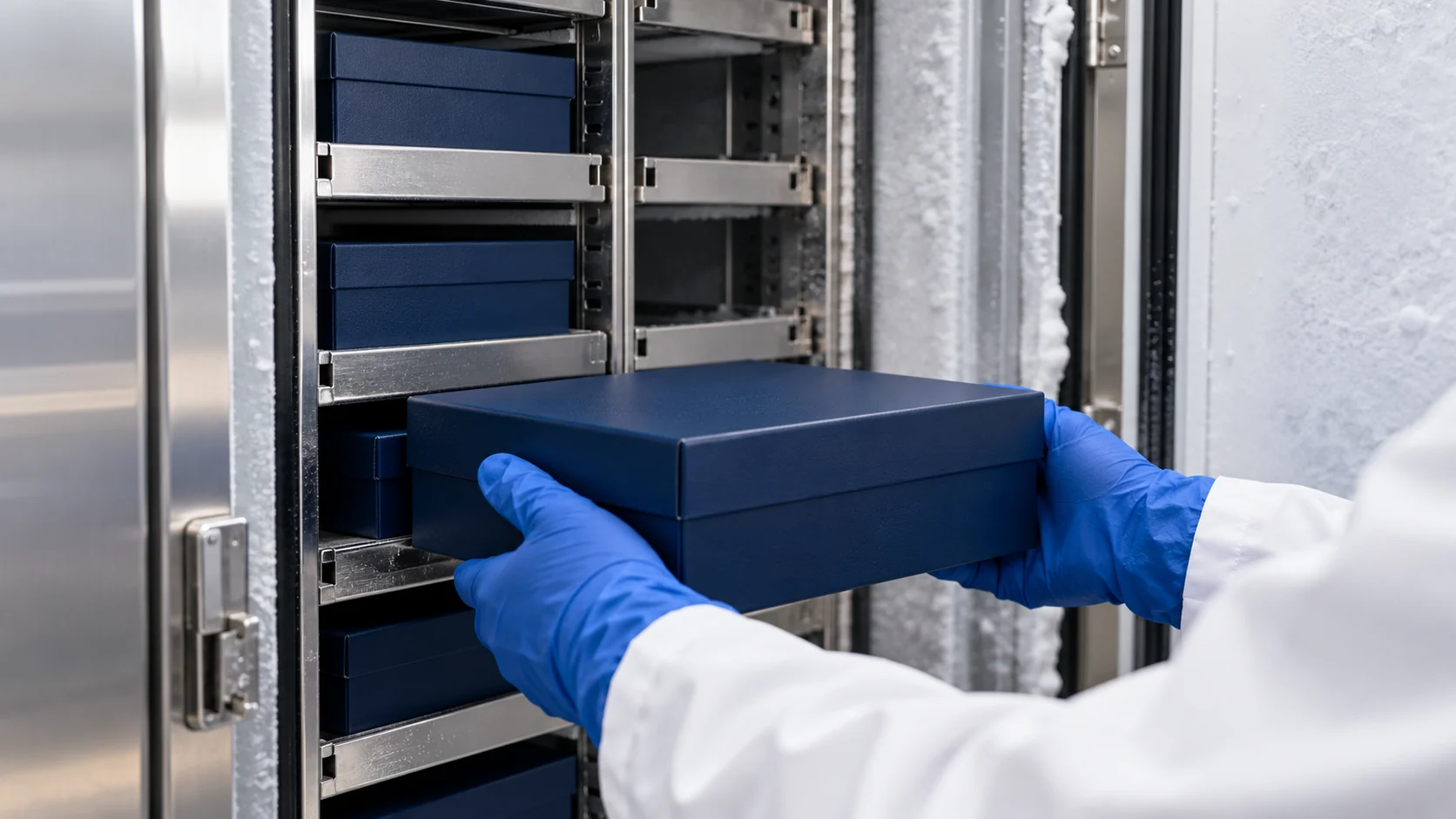 Gloved hands placing a closed sample box into a laboratory freezer