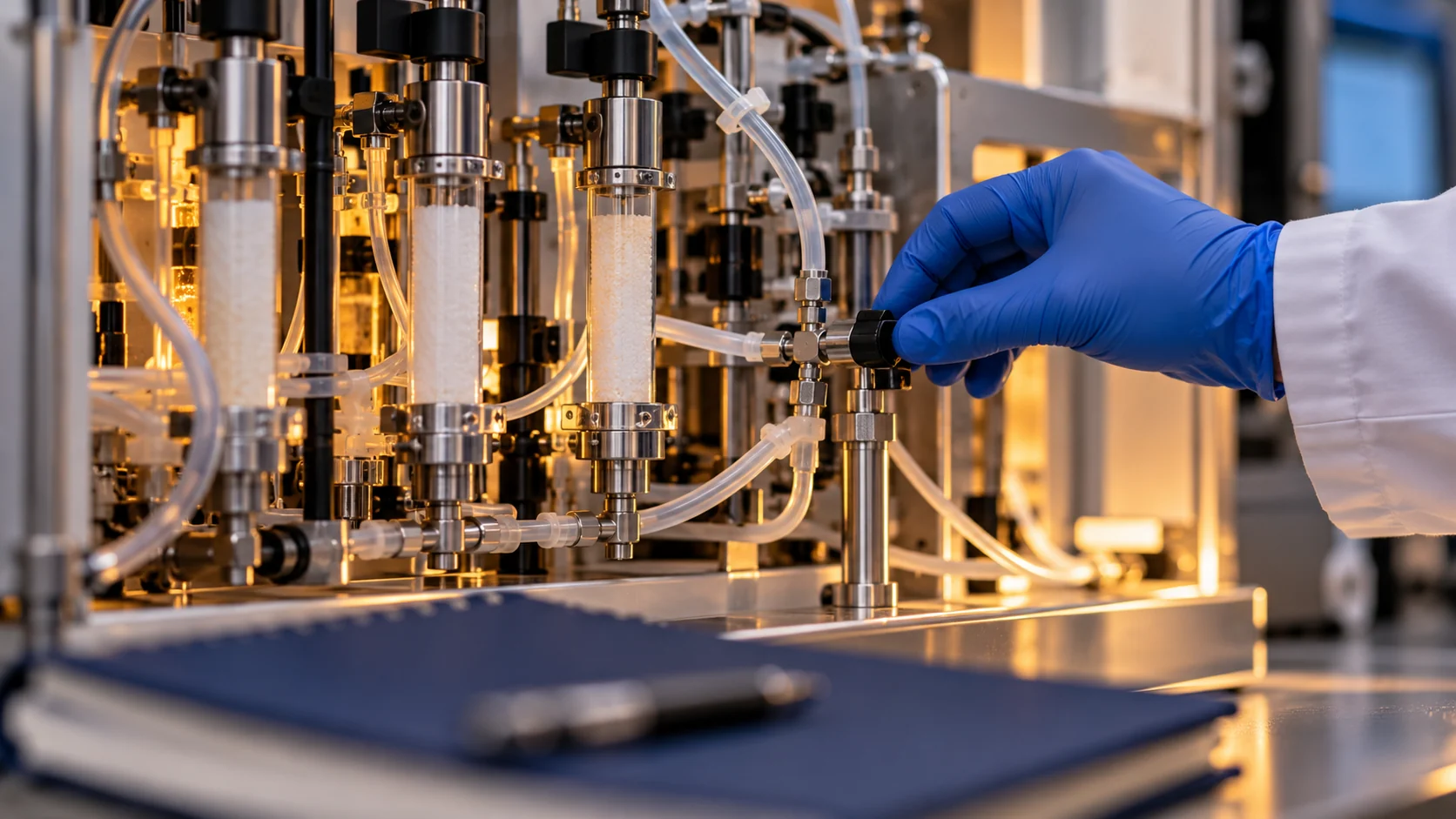 Technician adjusting a valve on a peptide synthesis workstation
