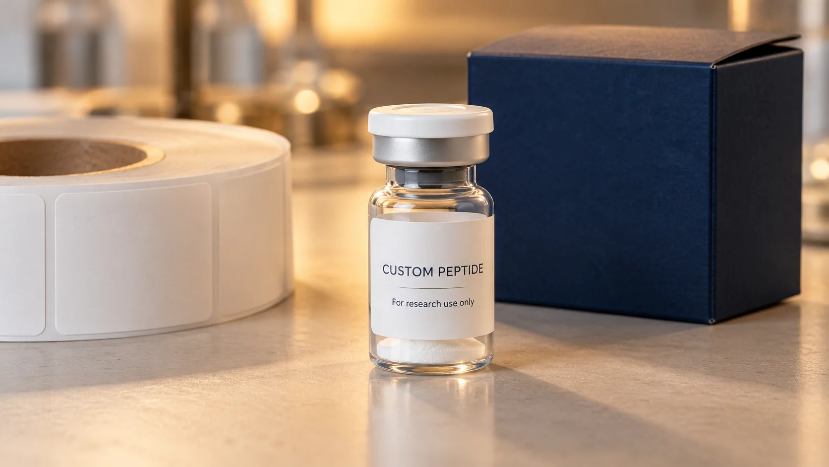 Custom peptide vial labelled For research use only beside a label roll