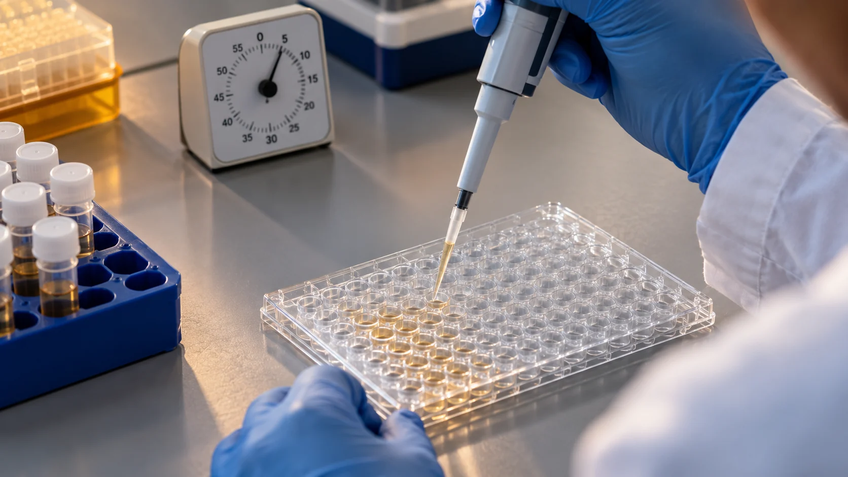 Scientist pipetting into a clear microplate for sample evaluation