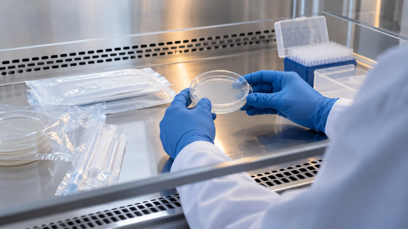 Gloved technician handling covered Petri dishes in a laboratory cabinet