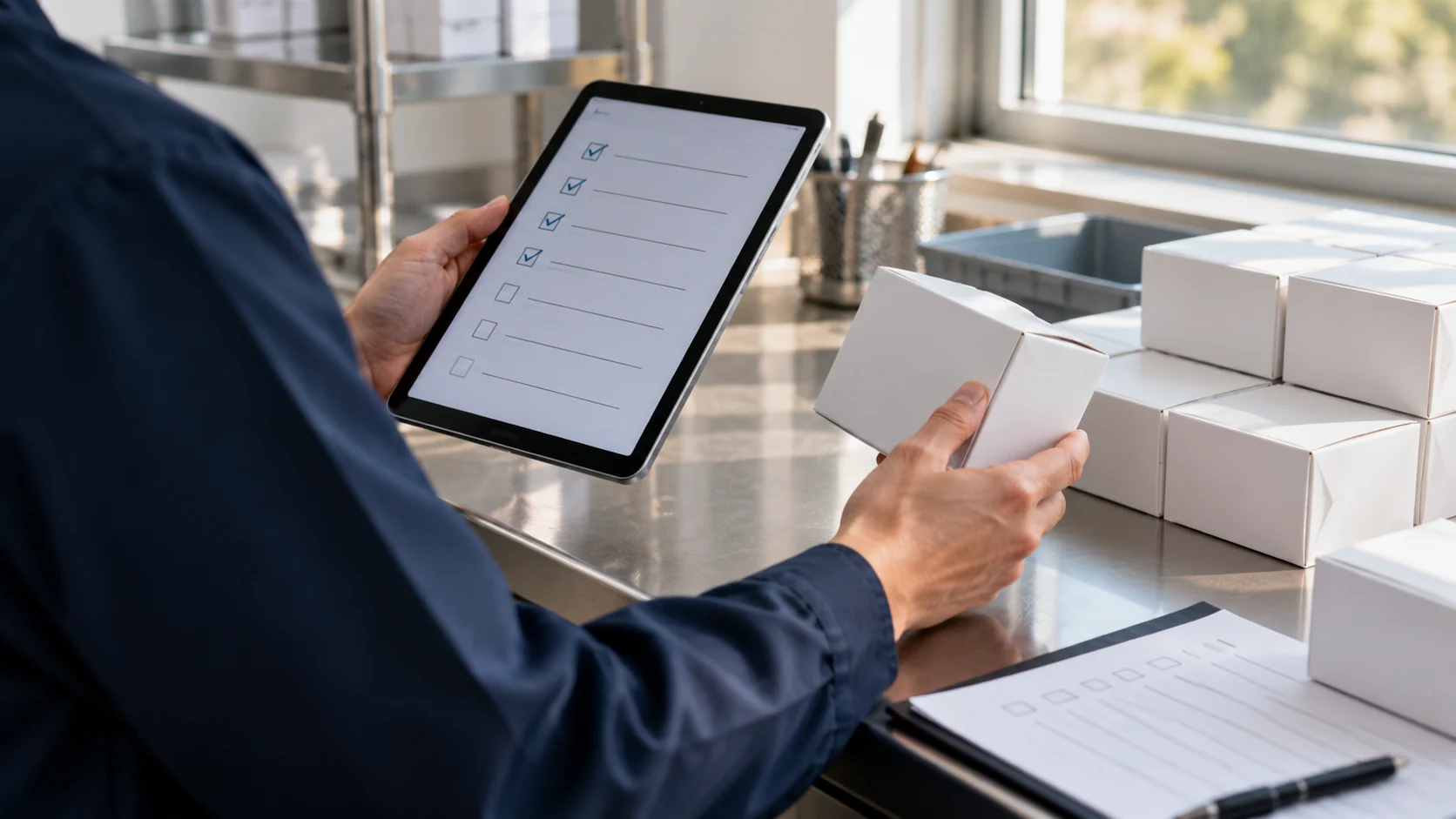 Auditor reviewing a supplier checklist and sealed sample cartons